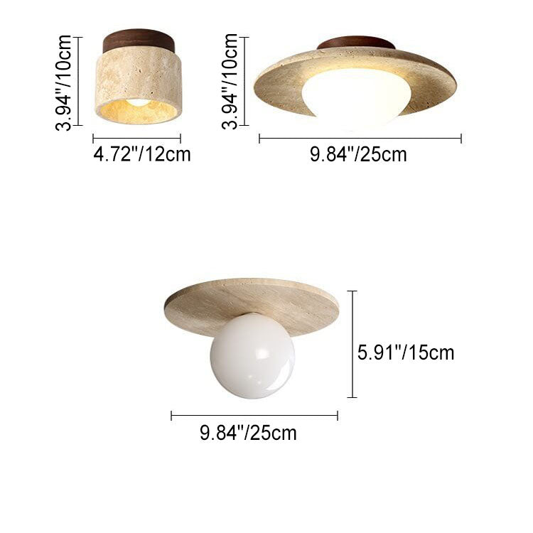 Japanese Minimalist Round Yellow Travertine Shade 1-Light Semi-Flush Mount Ceiling Light