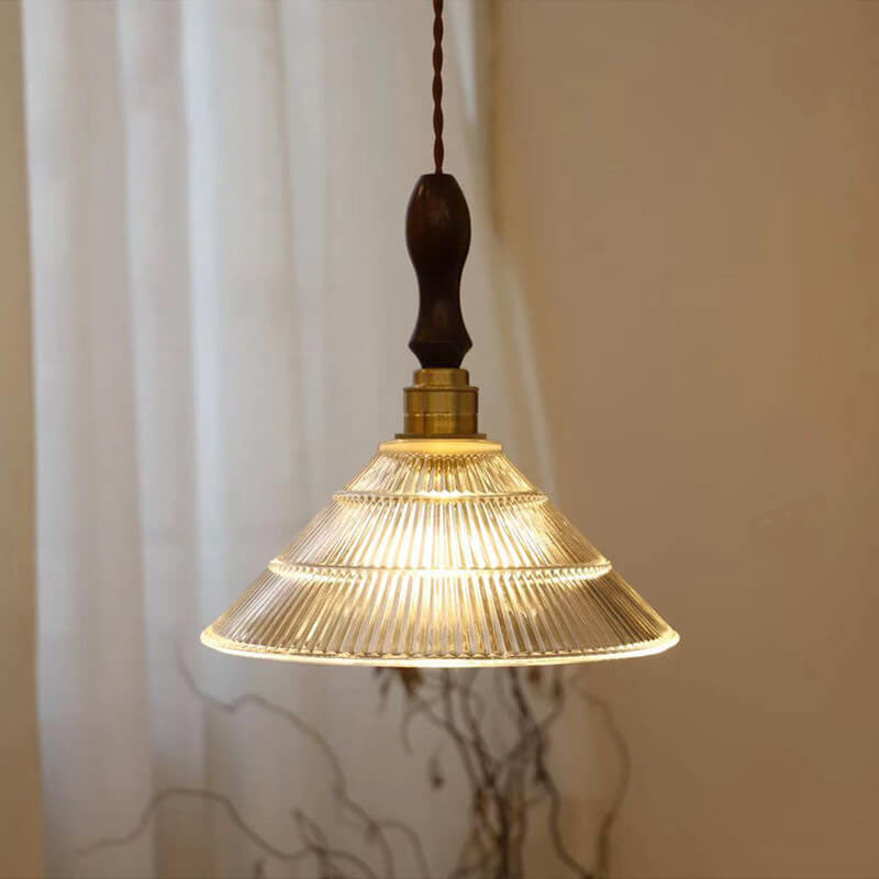 Traditionelle Vintage-Pendelleuchte mit Glas-Blumenschirm, Messing und Walnussholz, 1-flammig, für das Wohnzimmer 