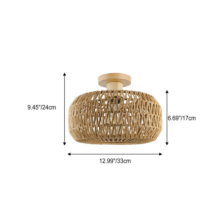 Contemporary Boho Paper Rope Twine Weaving Drum 1-Light Semi-Flush Mount Ceiling Light For Living Room