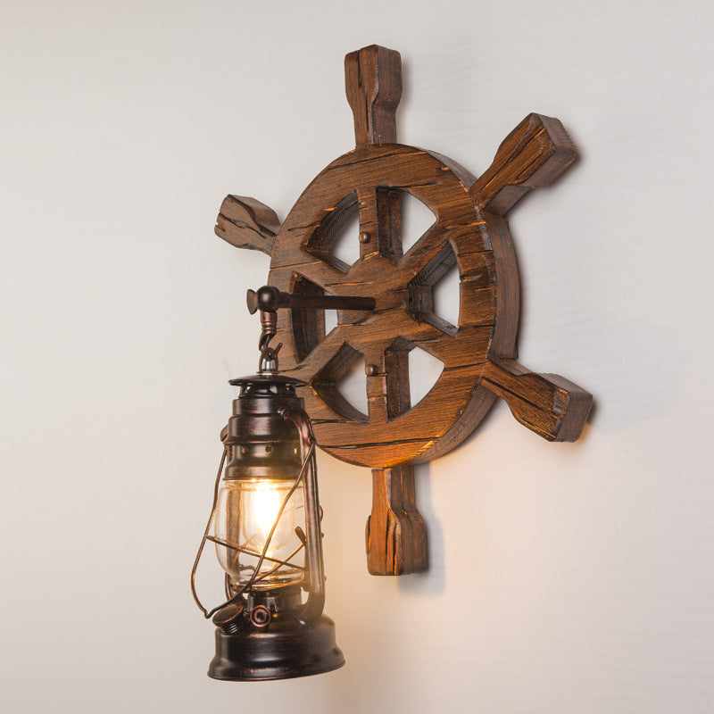 Aplique de pared contemporáneo industrial de madera de pino y vidrio con forma de timón de barco y lámpara de queroseno de 1 luz para salón y dormitorio 