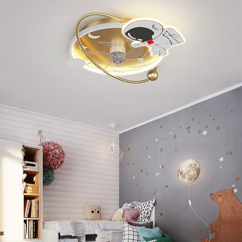 Cartoon Astronaut Colorful Round LED Flush Mount Ceiling Fan Light