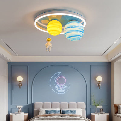 Astronaut Planet Round Kids Flush Mount Ceiling Light