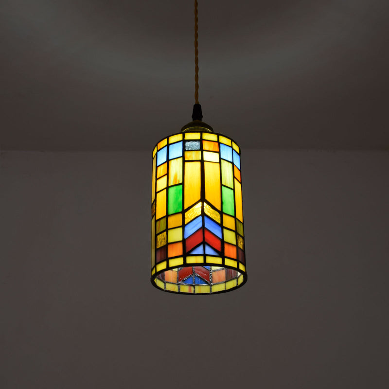 Tiffany Mediterranean Stained Glass Cylinder 1-Light Pendant Light