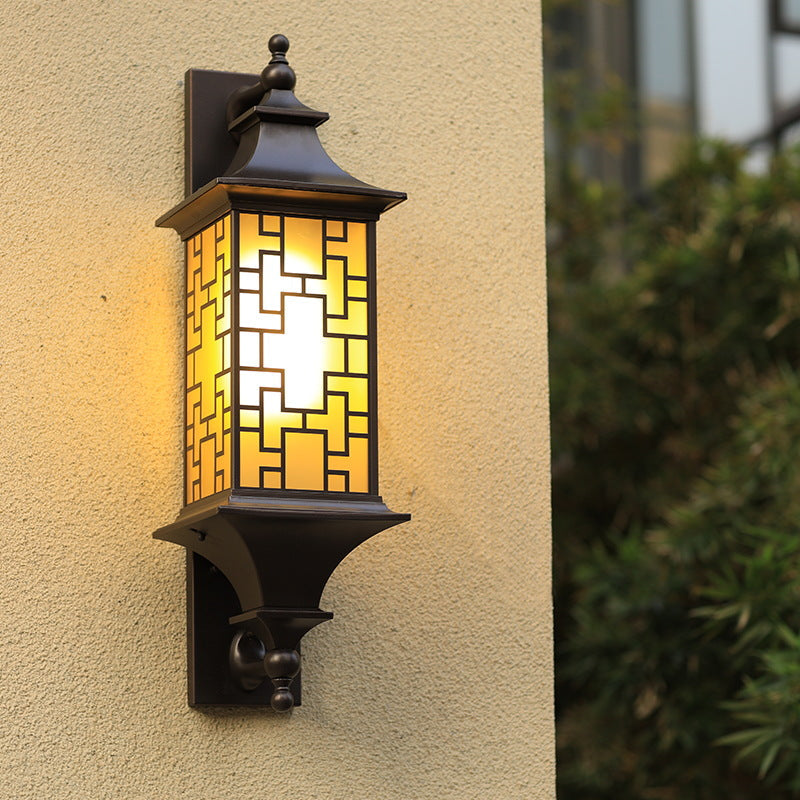 Lanterne murale extérieure chinoise carrée étanche avec cage, 1 lumière 