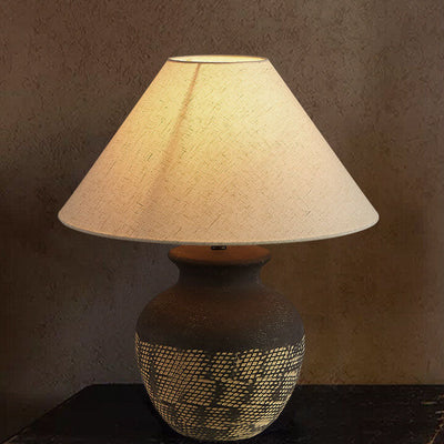 Traditional Japanese Fabric Shade Ceramic Jar Base 1-Light Table Lamp For Study