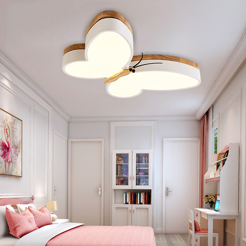 Contemporary Creative Butterfly Rubberwood Metal Acrylic LED Flush Mount Ceiling Light For Bedroom