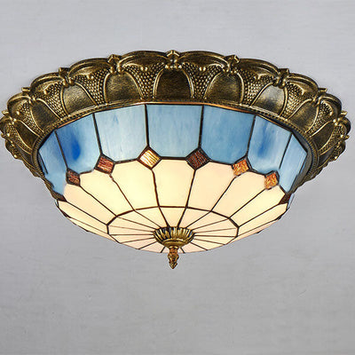 Tiffany Mediterranean Stained Glass Round LED Flush Mount Ceiling Light