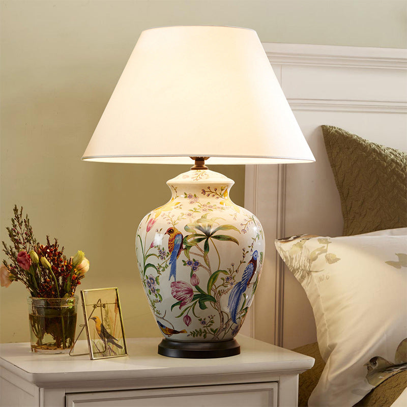 Lampe de table 1 lumière moderne rétro en céramique fleur et oiseau idylliques 