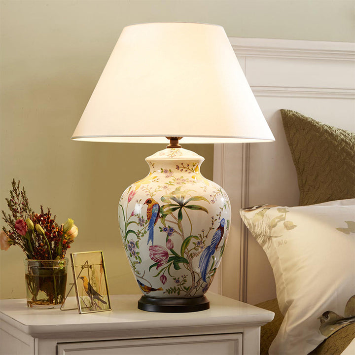 Lampe de table 1 lumière moderne rétro en céramique fleur et oiseau idylliques 