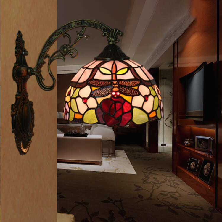 European Tiffany Dragonfly Flower Stained Glass 1-Light Wall Sconce Lamp