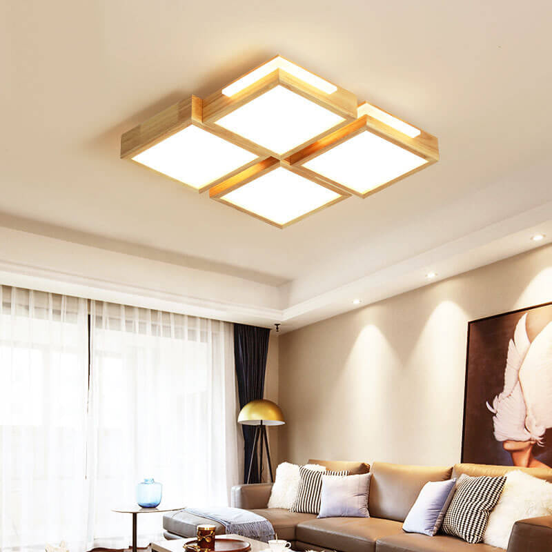 Nordic Simple Solid Wood Square LED Flush Mount Light