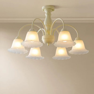 French Cream Glass Flower Shade 3/5/6/8 Light Semi- Flush Mount Ceiling Light