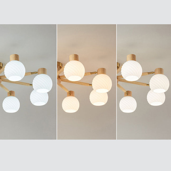 Plafón de techo tradicional japonés Wabi-sabi de madera de caucho, herrajes y vidrio de 3/6/8 luces para sala de estar 
