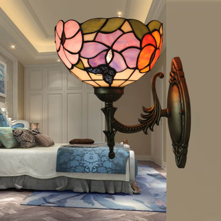 European Tiffany Floral Butterfly Bowl 1-Light Wall Sconce Lamp