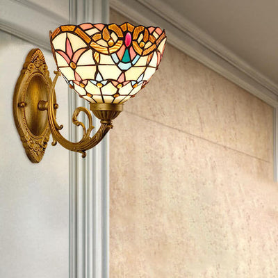 Vintage Tiffany Baroque Stained Glass Round 1-Light Wall Sconce Lamp