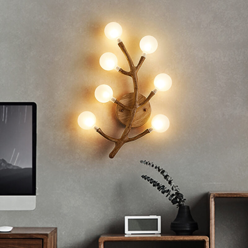 Traditional Vintage Tree Fork Resin Glass 7-Light Wall Sconce Lamp For Bedroom