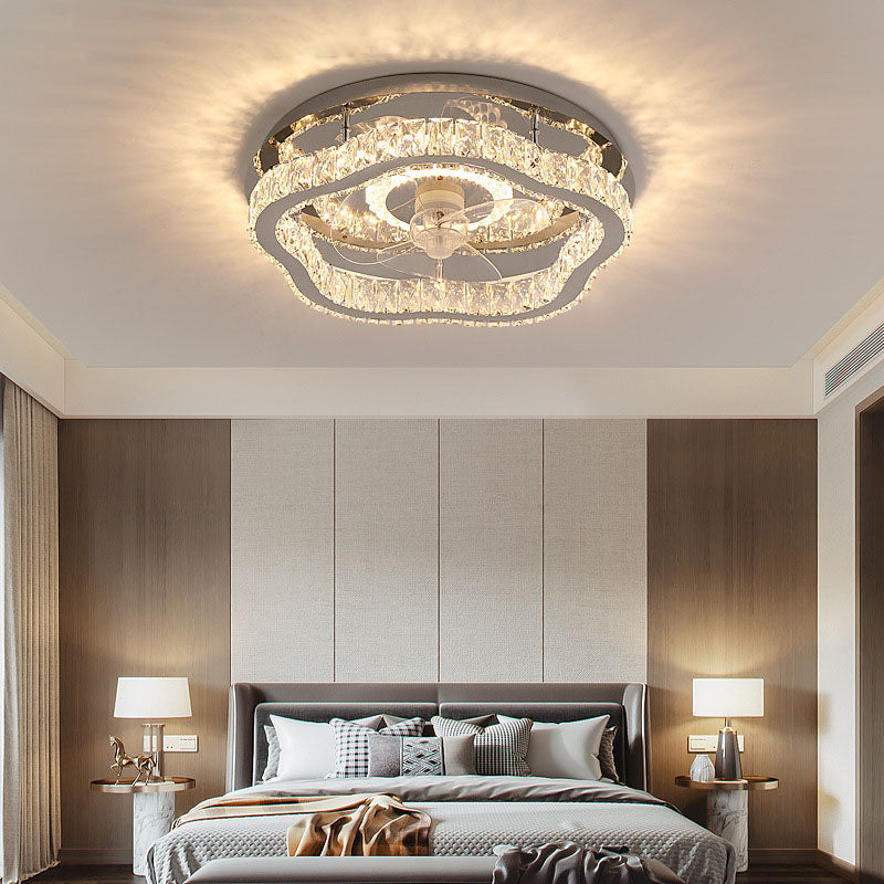 Modern Luxury Crystal Stainless Steel LED Flush Mount Ceiling Fan Light