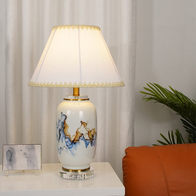 Light Luxury Chinese Ceramic Oval Jar Base Fabric 1-Light Table Lamp