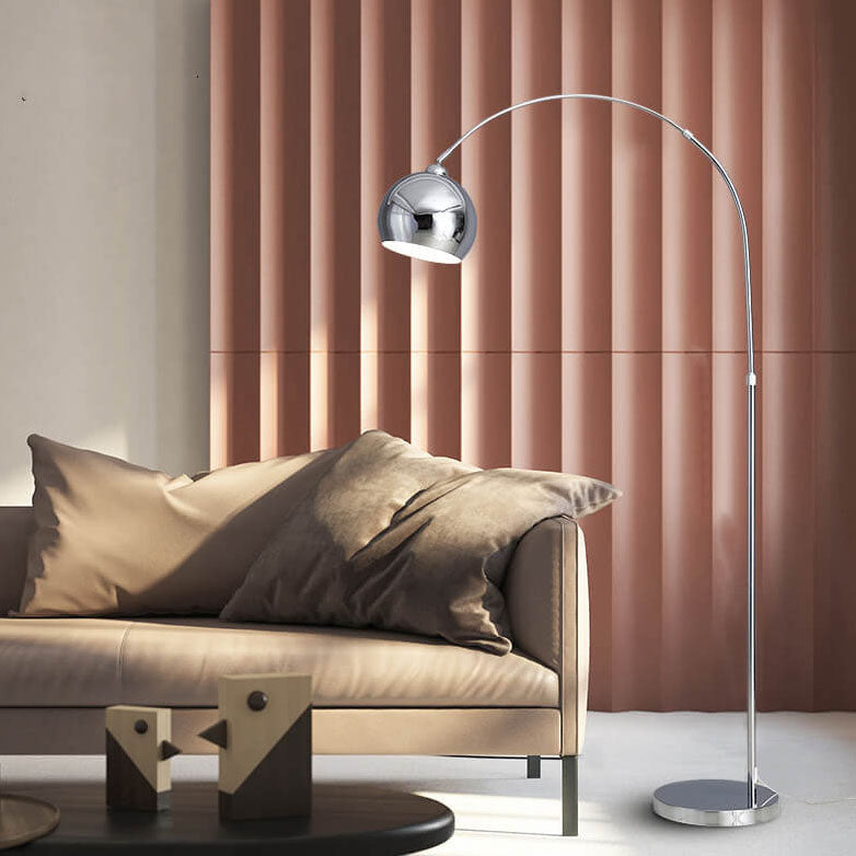 Moderne nordische Stehlampe aus Edelstahl und Eisen in Angelruten-Optik mit kuppelförmigem Rundschirm, 1-flammig, für das Schlafzimmer 