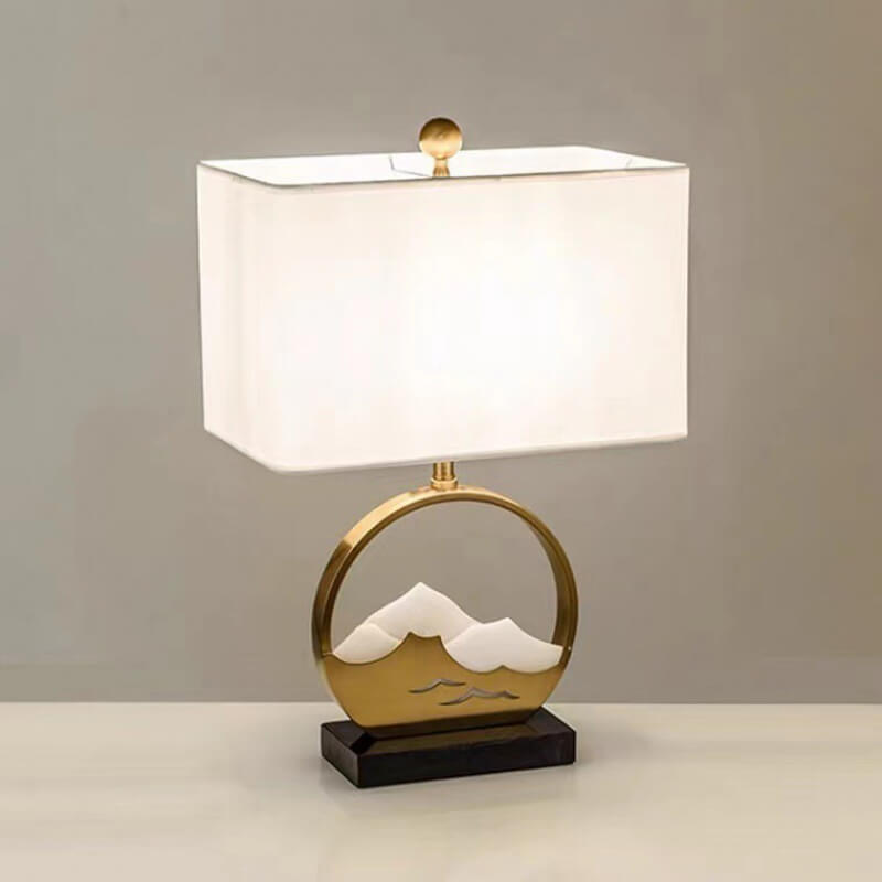Chinese Modern Rectangular Round Metal Fabric 1-Light Table Lamp