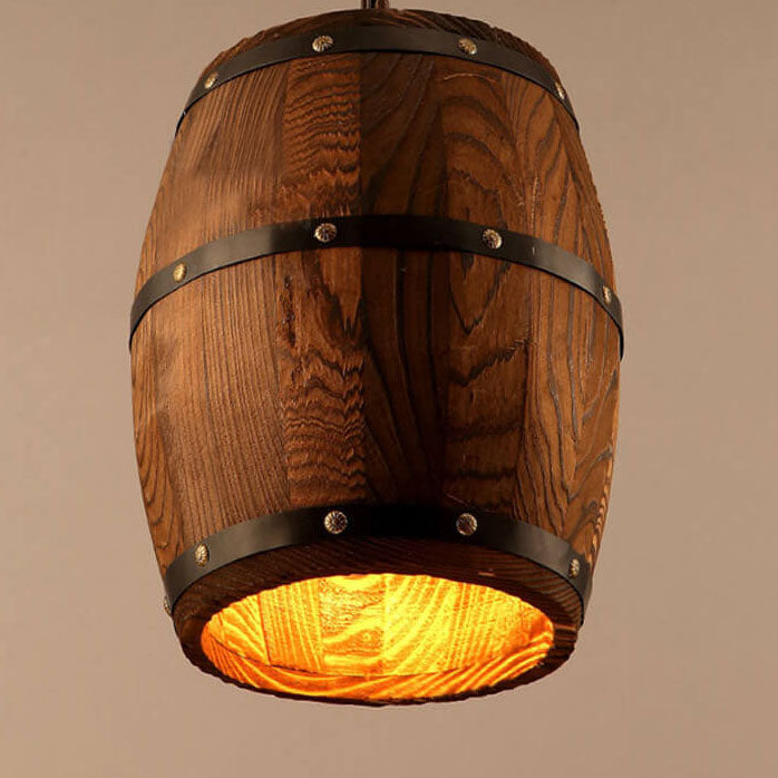 Lámpara colgante individual de 1 luz estilo barril de vino redondo rústico tradicional de hierro y madera para comedor 