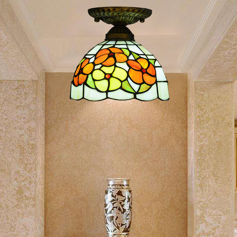 European Tiffany Stained Glass Flower Round 1-Light Semi-Flush Mount Ceiling Light