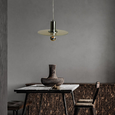 Nordic Minimalist Green Glass Flat Round Disc LED Pendant Light