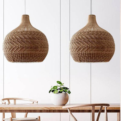 Contemporary Boho Rattan Weaving Cage 1-Light Pendant Light For Dining Room