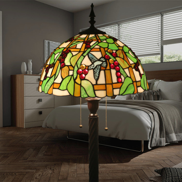 European Tiffany Fruit Bird Stained Glass Dome 2-Light Standing Floor Lamp