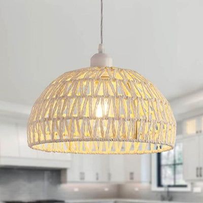 Modern Hemp Rope Weaving Beige Dome 1-Light Pendant Light