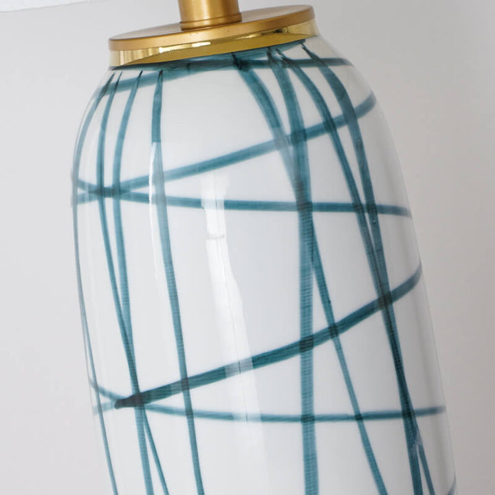 Modern Luxury Fabric Ceramic Hardware Green Striped Ceramic Drum Fabric 1-Light Table Lamp for Bedroom