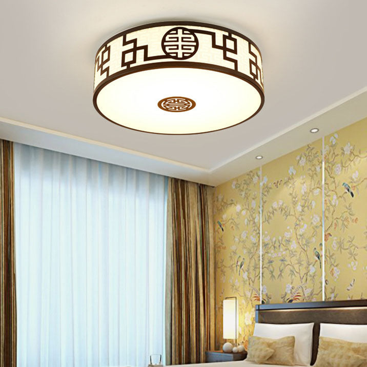 Traditional Chinese Round Fabric Drum LED Flush Mount Ceiling Light For Living Room