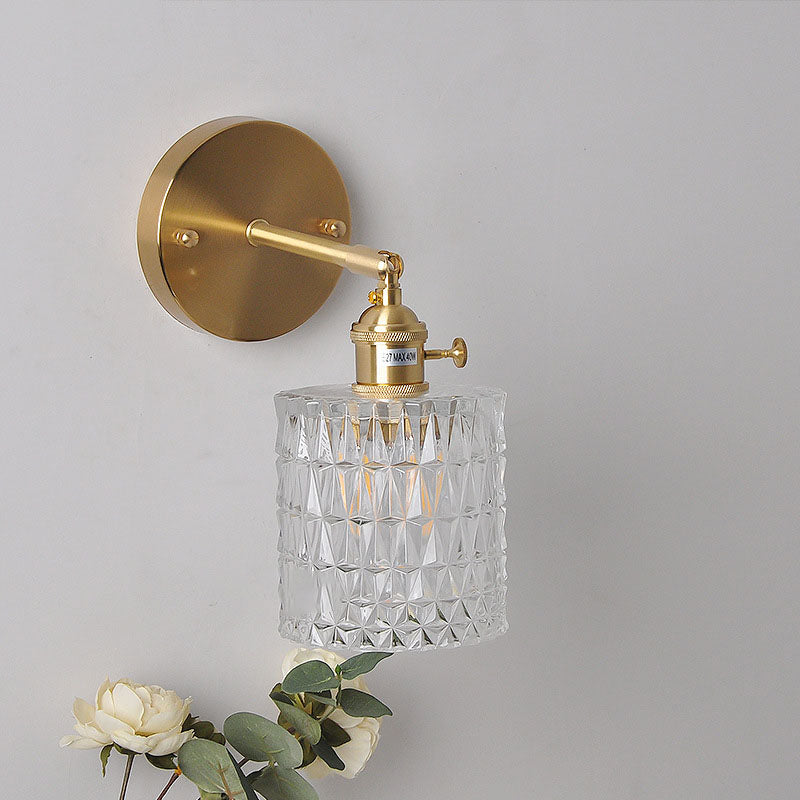 Traditional Vintage Glass Iron Copper Cylinder Round 1-Light Wall Sconce Lamp for Living Room