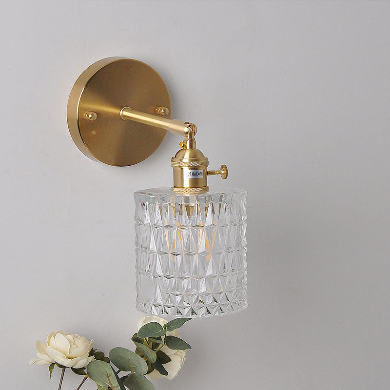 Japanese Vintage Brass Glass Cylinder 1-Light Wall Sconce Lamp