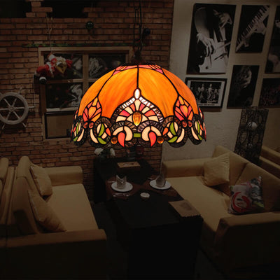 Vintage Tiffany Orange Stained Glass Dome Antique 1-Light Pendant Light