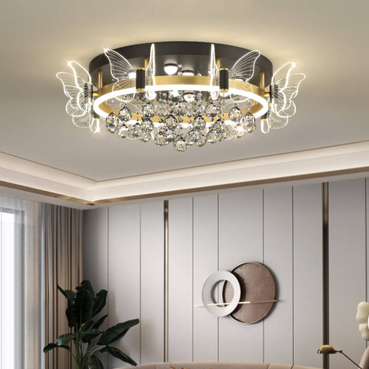 Modern Luxury Radiant Crystal Strings Butterfly Embellishment Round Shade LED Flush Mount Ceiling Light For Living Room