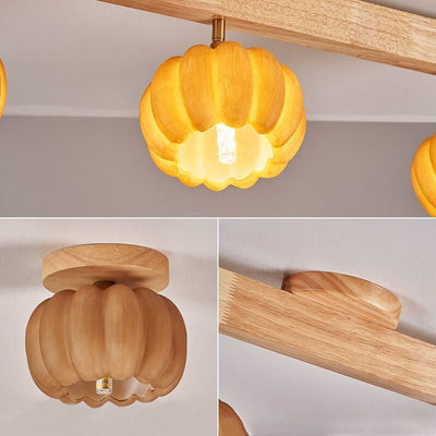 Japanese Simple Solid Wood Pumpkin Shape 1/2/3/4/5-Light Semi-Flush Mount Ceiling Light