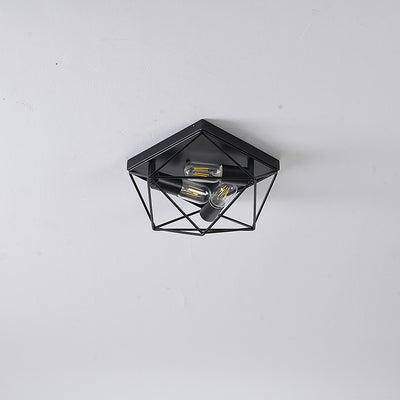 Vintage Industrial Black Iron Diamond Geometry 3-Light Flush Mount Ceiling Light