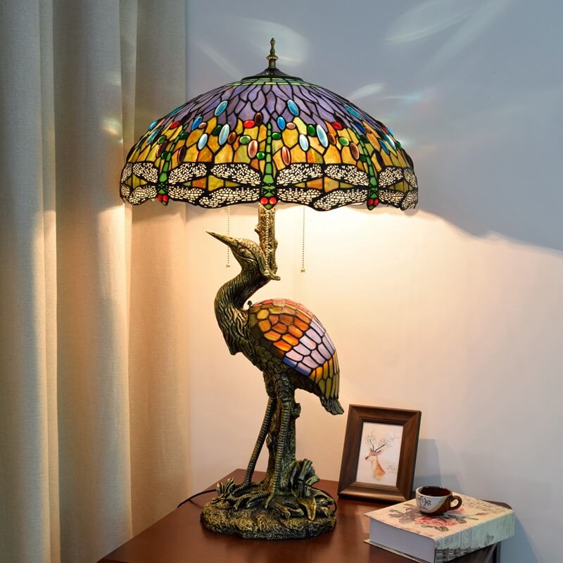 Tiffany Vintage Kran Schirmharz Buntglas 3-Licht Tischlampe 