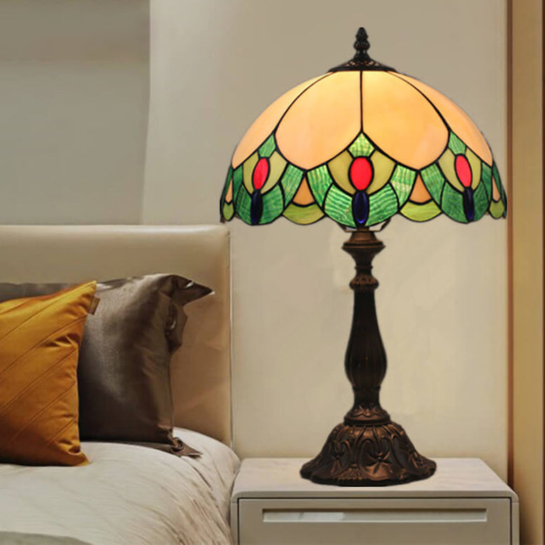 Tiffany Europäischer Vintage Edelstein Buntglas 1-Licht Tischlampe 