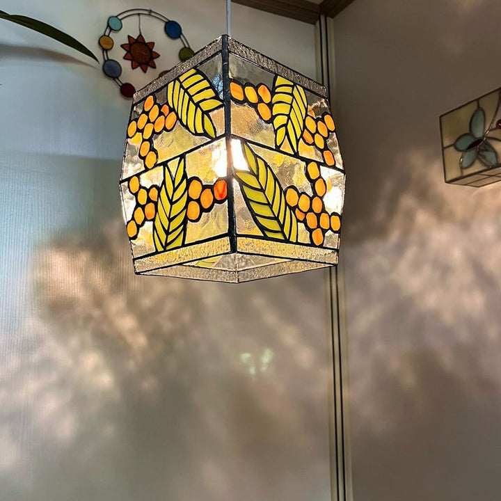 Japanese Vintage Rectangular Glass Iron 1-Light Pendant Light