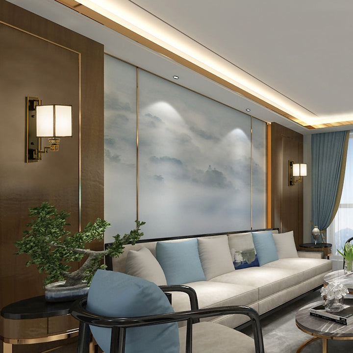 Aplique de pared cuadrado de 1 luz de hierro, cobre y tela de estilo chino tradicional para salón y dormitorio 