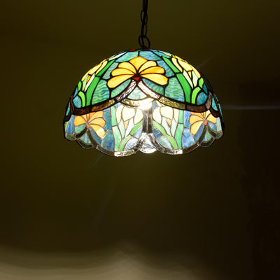European Vintage Tiffany Flowers Birds Stained Glass 1-Light Pendant Light