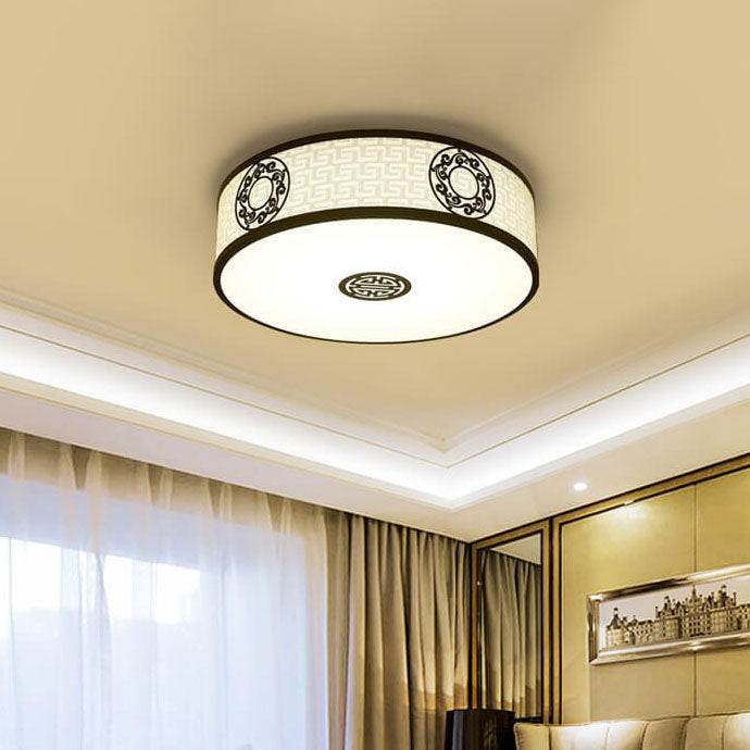 Traditional Chinese Round Fabric Drum LED Flush Mount Ceiling Light For Living Room