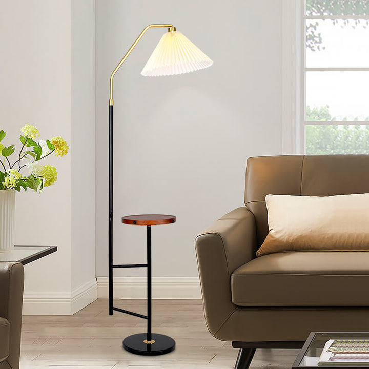 Lampe de sol à 1 lumière avec abat-jour plissé minimaliste nordique et étagère en bois massif en marbre 