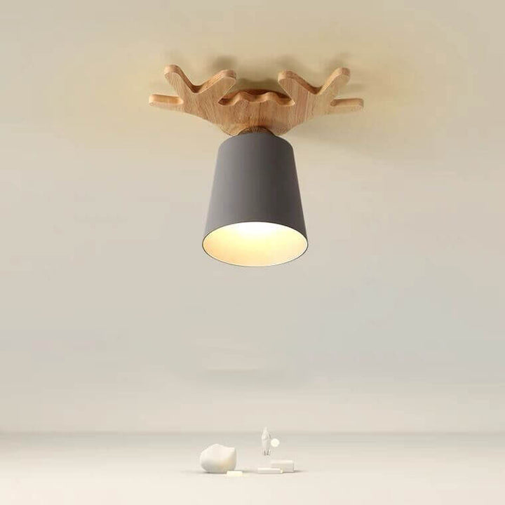 Contemporary Nordic Antler Wood Cone 1-Light Semi-Flush Mount Ceiling Light for Living Room