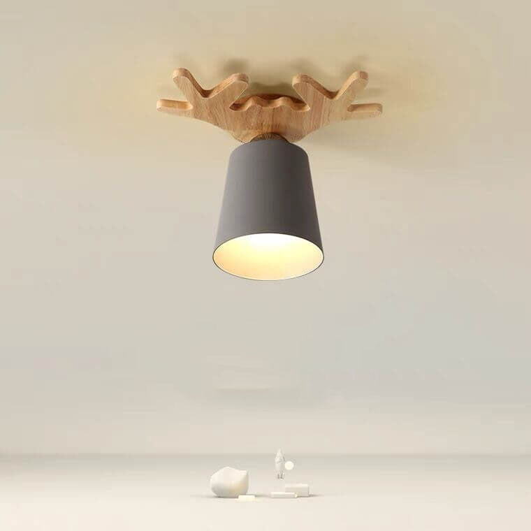 Nordic Minimalist Antler Wood Cone 1-Light Semi-Flush Mount Ceiling Light