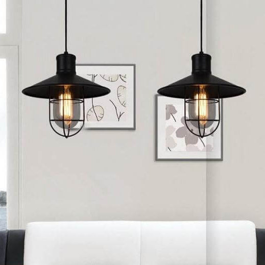Contemporary Industrial Round Black Cage Iron 1-Light Single Bell Pendant Light For Living Room