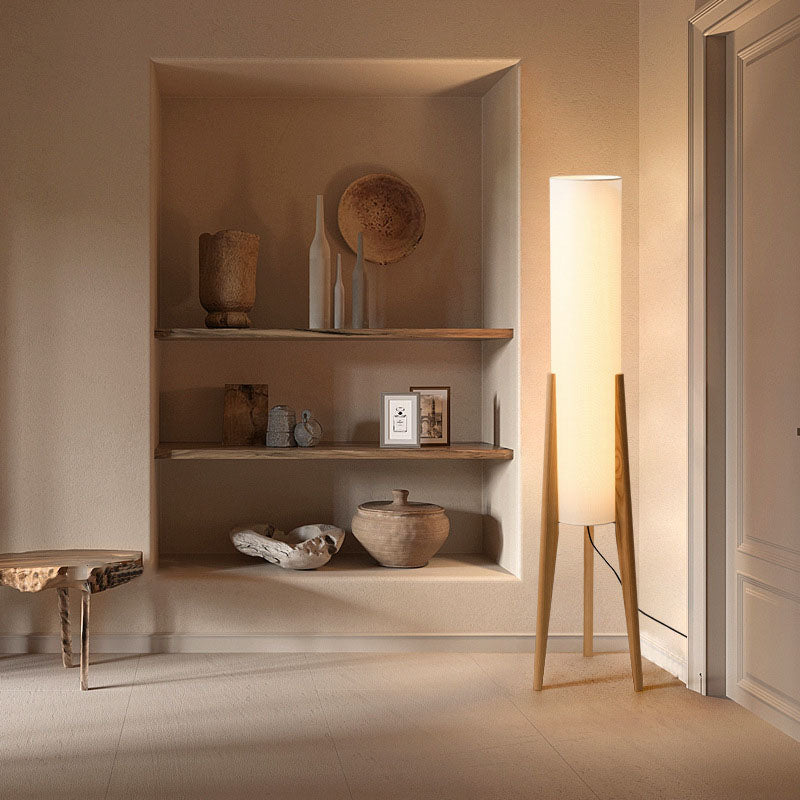 Pantalla cilíndrica de tela china tradicional con trípode de madera y lámpara de pie de 1 luz para estudio 