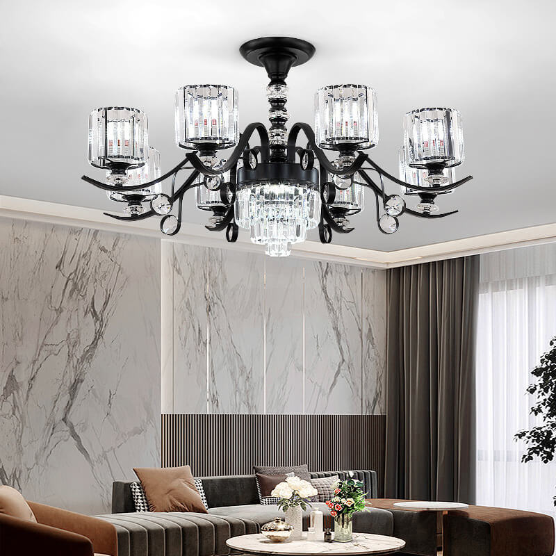 Modern Luxury Cylinder Iron Glass Crystal 6/8/10/12 Light Chandelier For Living Room